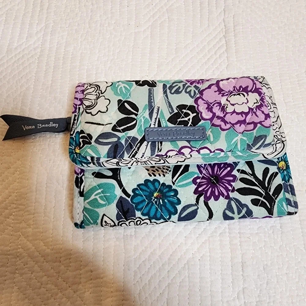 Vera Bradley Penelope's Garden tri-fold‎ wallet. Blue green purple floral.